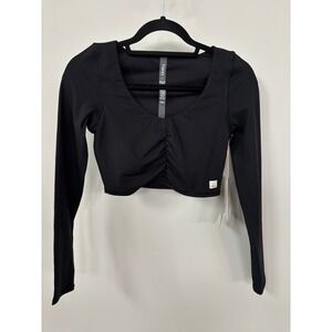 Vuori Ruched Bra Black Long Sleeve Crop Top Built-in Bra VW1097 Womens S NEW